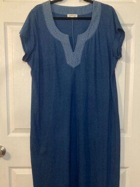 Orvis Women's Denim Blue Short Sleeve Maxi Dress - 100% Cotton - Size XL